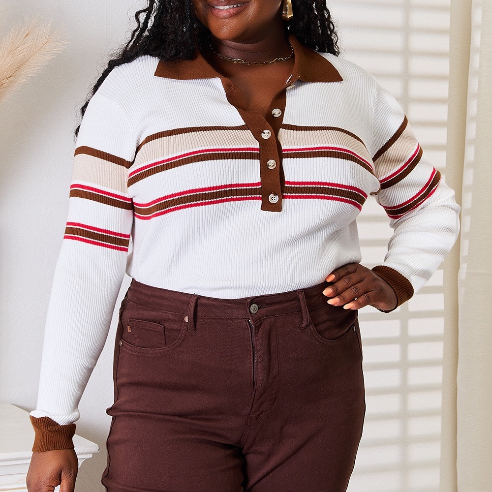 NEW Double Take Retro 70s Style Striped Collared Henley Neck Ribbed Knit Top